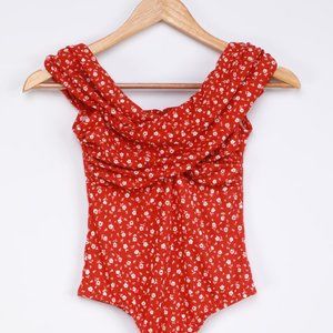 Blissful Blooms Red Floral Print Off-the-Shoulder Bodysuit